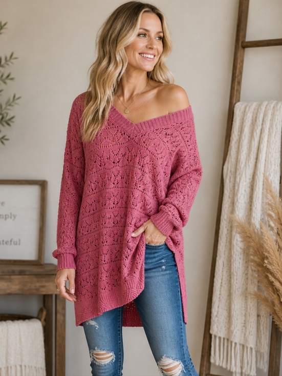 Sweaters - Women's Pink V-Neck Openwork Crochet Sweater